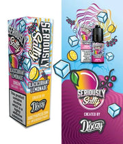 A 10ml bottle of Seriously Salty Blackcurrant Lemonade Nic Salt E-Liquid with a childproof cap, displayed next to its colorful packaging that features fruit graphics and branding details.